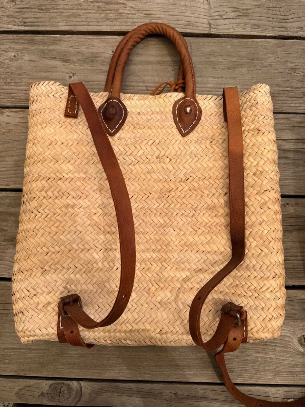 Natural Straw Backpack with Brown Leather Trim